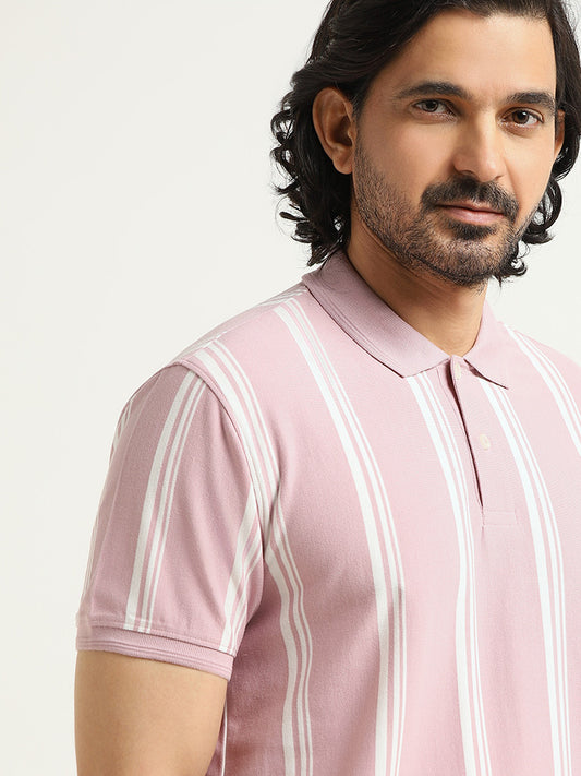 WES Casuals Pink Striped Slim Fit T-Shirt