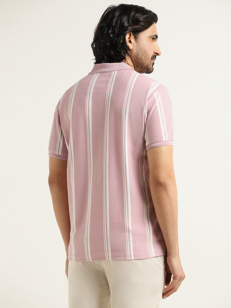 WES Casuals Pink Striped Slim Fit T-Shirt