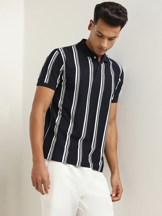 WES Casuals Navy Striped Cotton Slim Fit T-Shirt