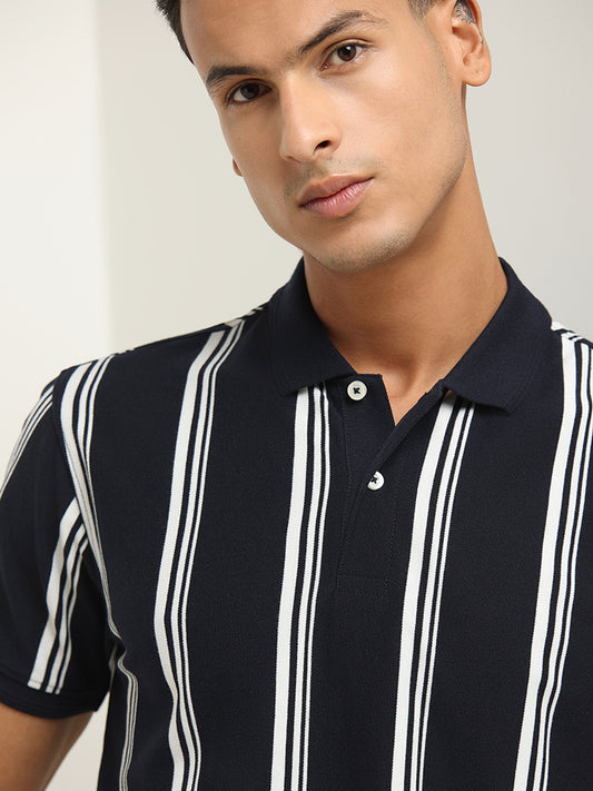 WES Casuals Navy Striped Slim Fit T-Shirt