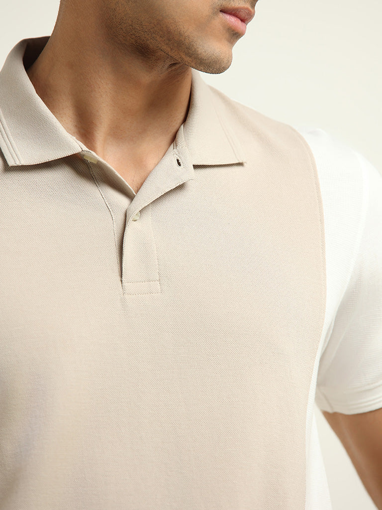 WES Casuals Beige Colorblock Cotton Blend Slim Fit T-Shirt
