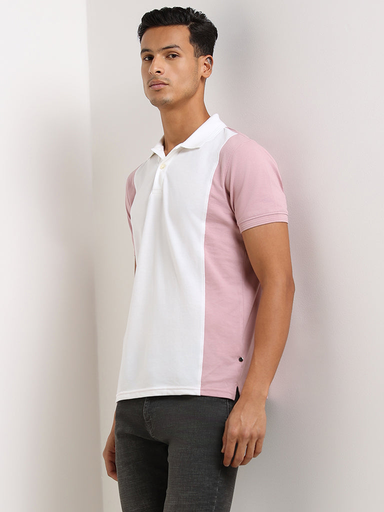 WES Casuals Pink Cotton Relaxed Fit Polo T-Shirt