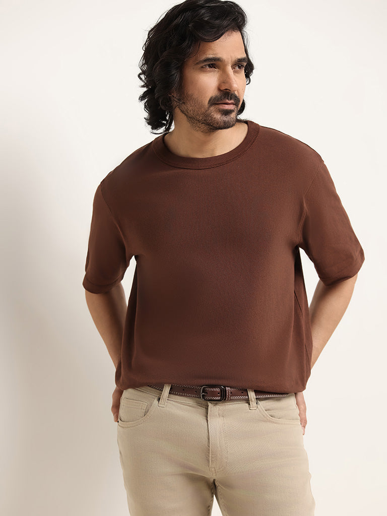 WES Casuals Brown Regular Fit T-Shirt