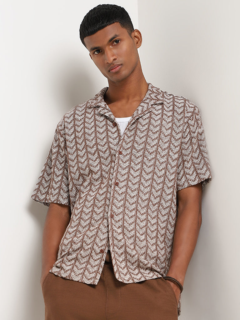 ETA Brown Geometric Pattern Cotton Relaxed Fit Shirt