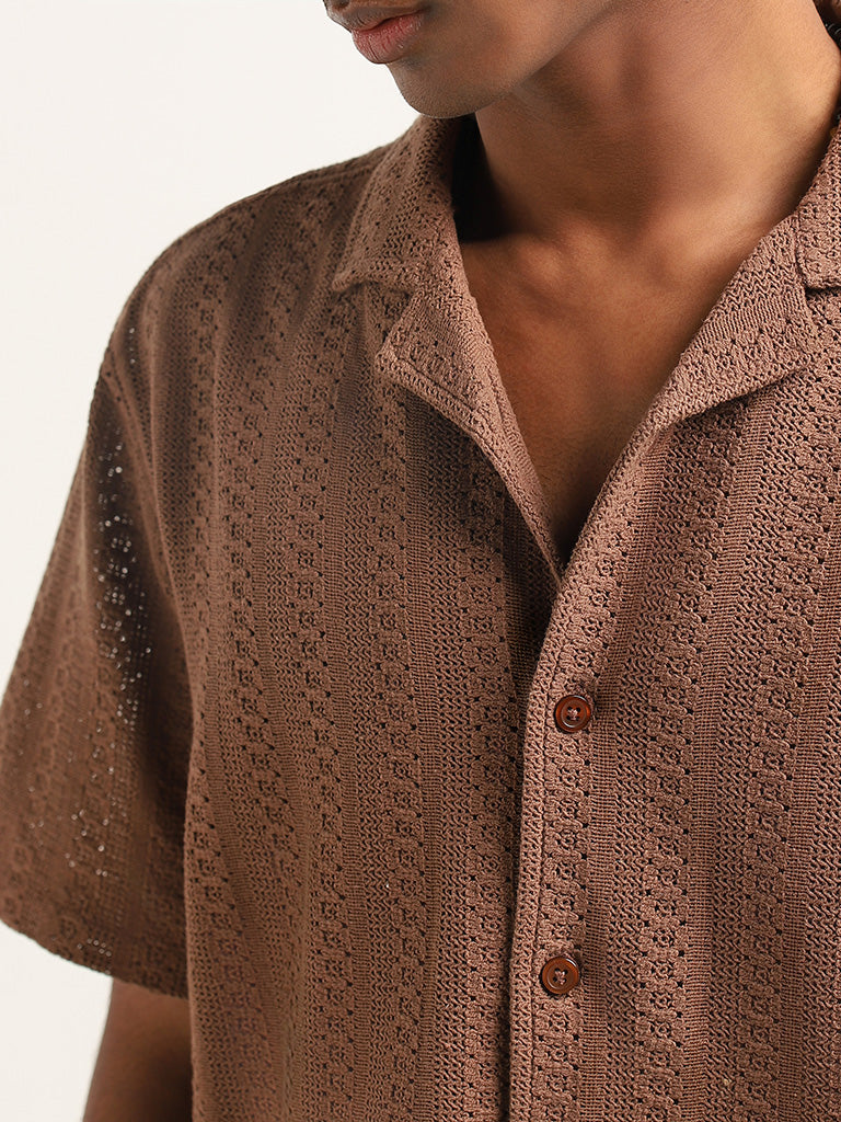 ETA Brown Crochet Cotton Relaxed Fit Shirt