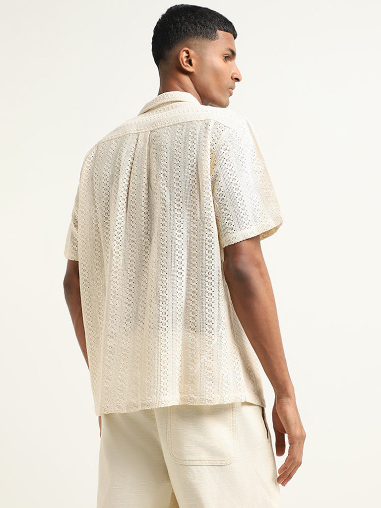 ETA Solid Cream Crochet Cotton Blend Relaxed Fit Shirt