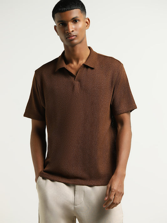ETA Brown Self-Patterned Relaxed Fit Polo T-Shirt