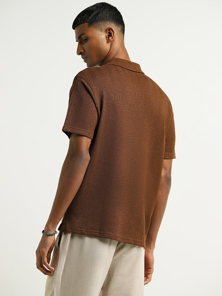 ETA Brown Self-Patterned Relaxed Fit Polo T-Shirt