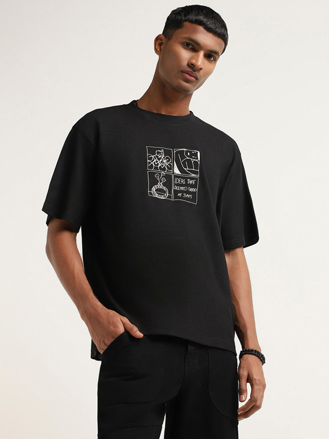 Nuon Black Embroidered Cotton Relaxed Fit T-Shirt