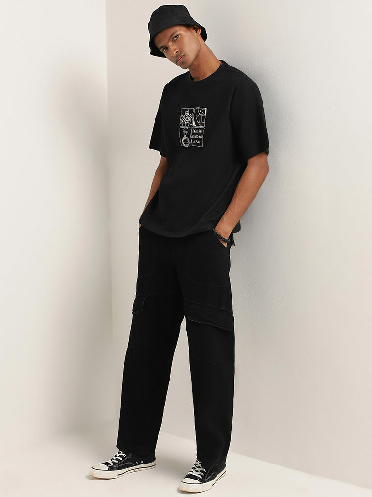 Nuon Black Embroidered Relaxed Fit T-Shirt