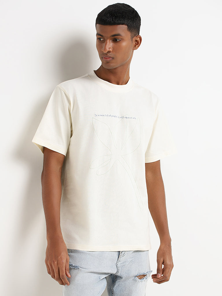Nuon Off-White Embroidered Cotton Relaxed Fit T-Shirt