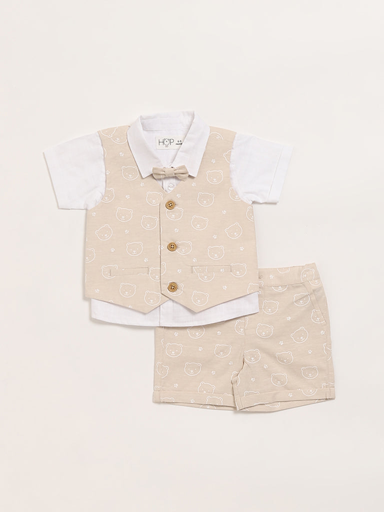 HOP Baby Beige Shirt, Waistcoat, Shorts & Bow Set
