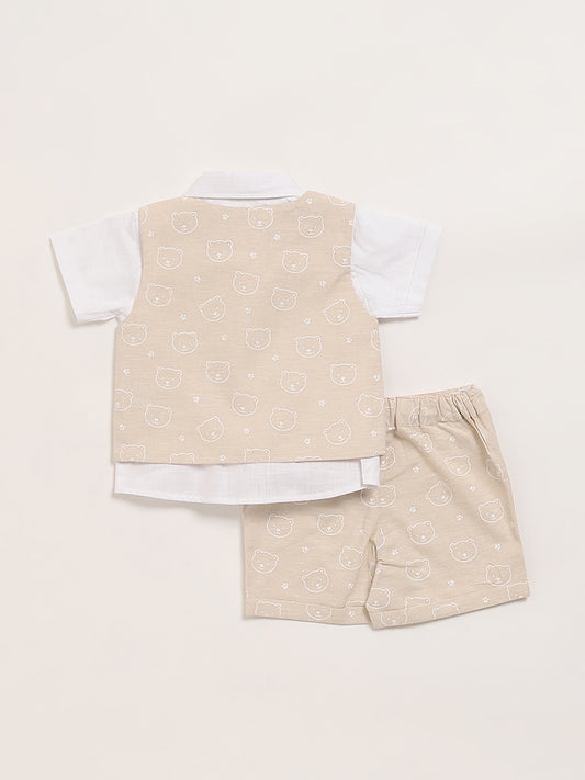 HOP Baby Beige Shirt, Waistcoat, Shorts & Bow Set