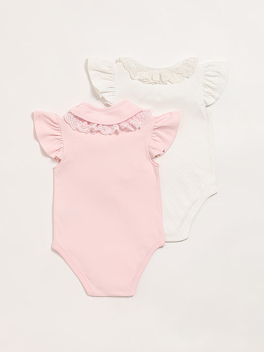 HOP Baby Multicolor Lace-trim Romper with Bib - Pack of 2