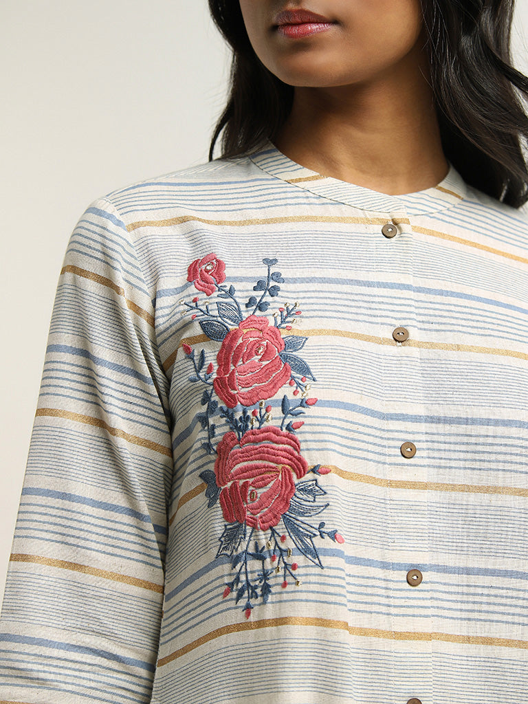 Utsa Blue Striped Floral Embroidered Blended Linen Kurta