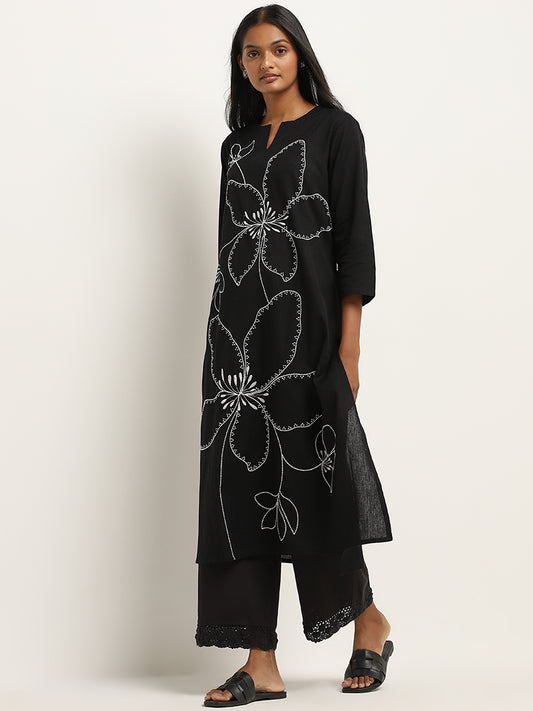 Utsa Black Floral Embroidered A-line Kurta