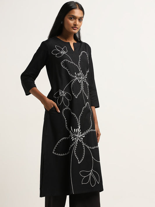 Utsa Black Floral Embroidered A-line Kurta
