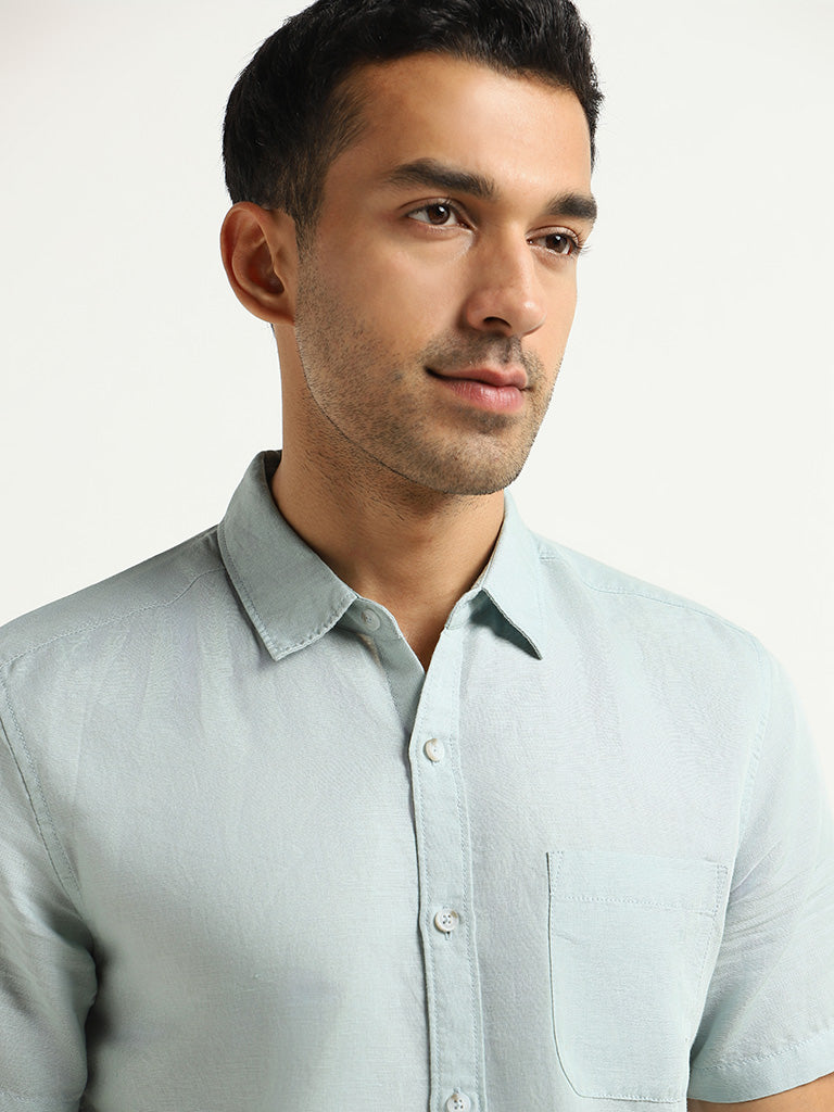 WES Casuals Green Slim-Fit Blended Linen Shirt