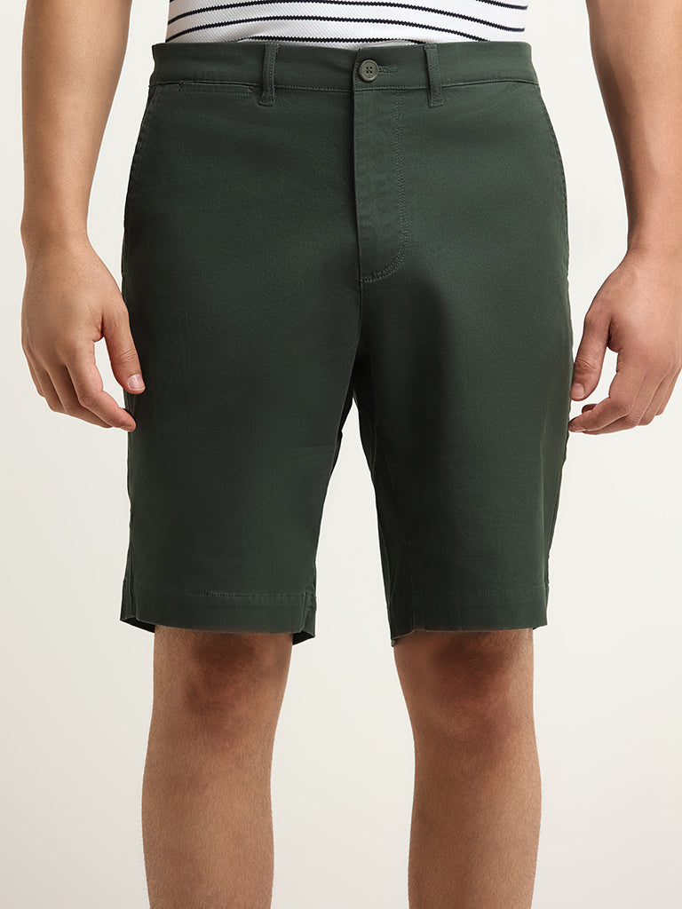 WES Casuals Green Cotton Blend Relaxed Fit Bermuda Shorts