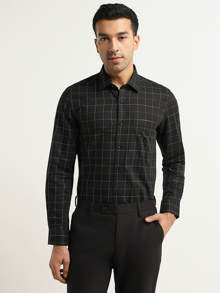 WES Formals Black Checkered Slim Fit Shirt