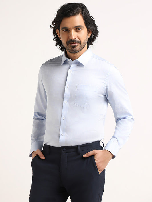 WES Formals Blue Checked Slim Fit Shirt