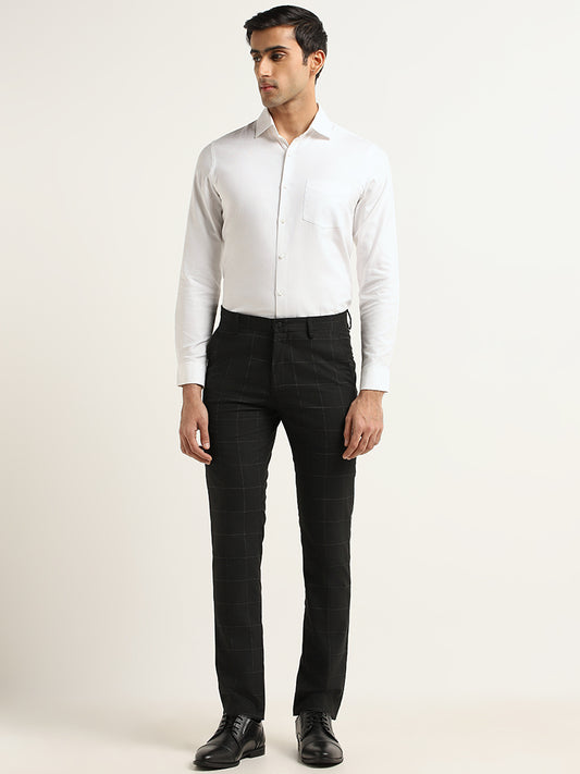 WES Formals Black Checked Cotton Ultra Slim Fit Trousers