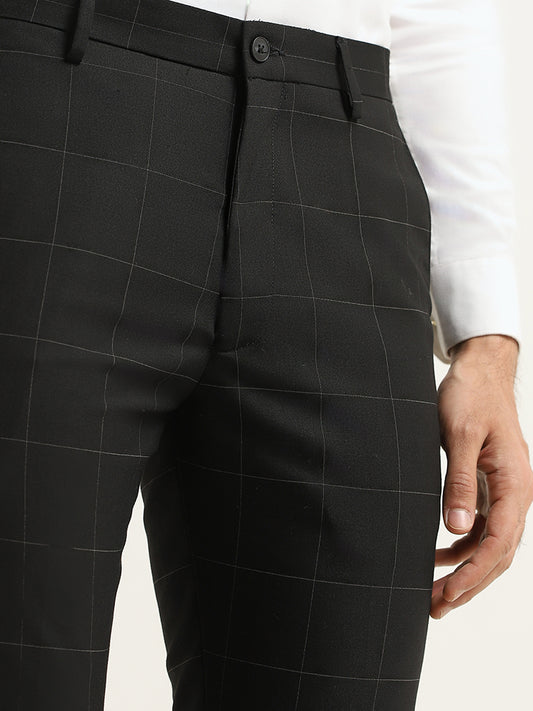 WES Formals Black Checked Cotton Ultra Slim Fit Trousers