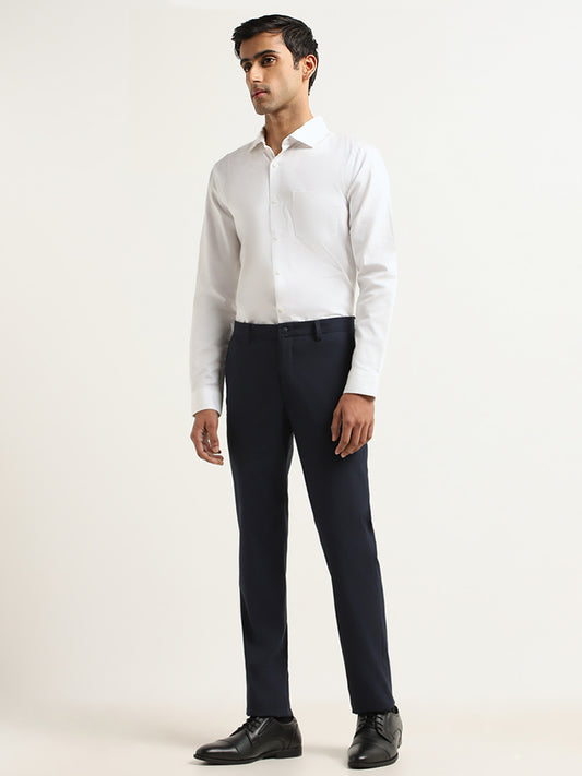 WES Formals Navy Plain Ultra Slim Fit Trousers