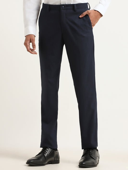 WES Formals Navy Plain Ultra Slim Fit Trousers