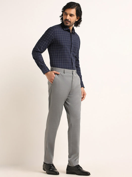 WES Formals Self-Patterned Grey Cotton Slim Fit Trousers