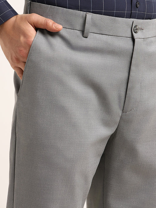 WES Formals Self-Patterned Grey Cotton Slim Fit Trousers