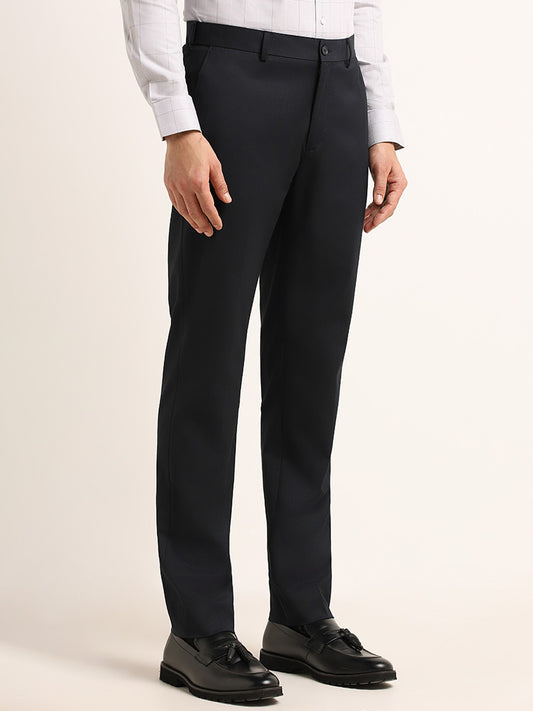 WES Formals Navy Self-Patterned Slim Fit Trousers