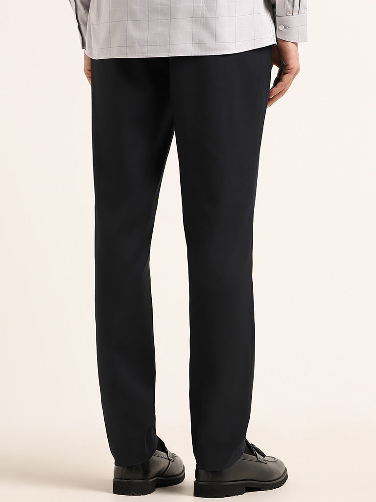 WES Formals Navy Self-Patterned Cotton Slim Fit Trousers