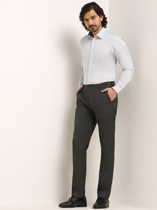 WES Formals Dark Grey Self-Patterned Cotton Slim Fit Trousers