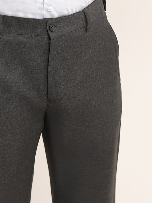 WES Formals Dark Grey Self-Patterned Cotton Slim Fit Trousers