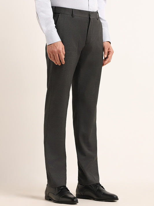 WES Formals Dark Grey Self-Patterned Slim Fit Trousers
