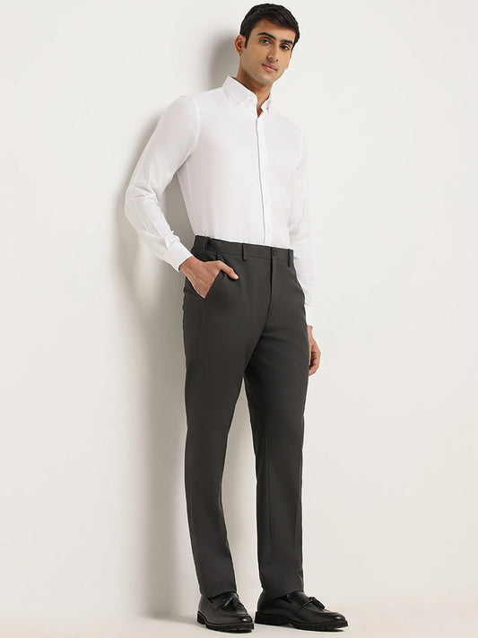 WES Formals Grey Self-Patterned Relaxed Fit Trousers