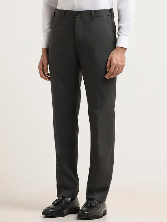 WES Formals Grey Self-Patterned Cotton Relaxed Fit Trousers