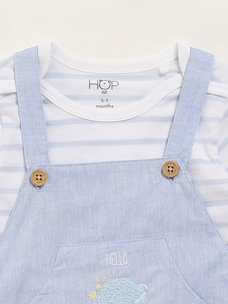HOP Baby Blue Striped T-Shirt & Dungaree Set