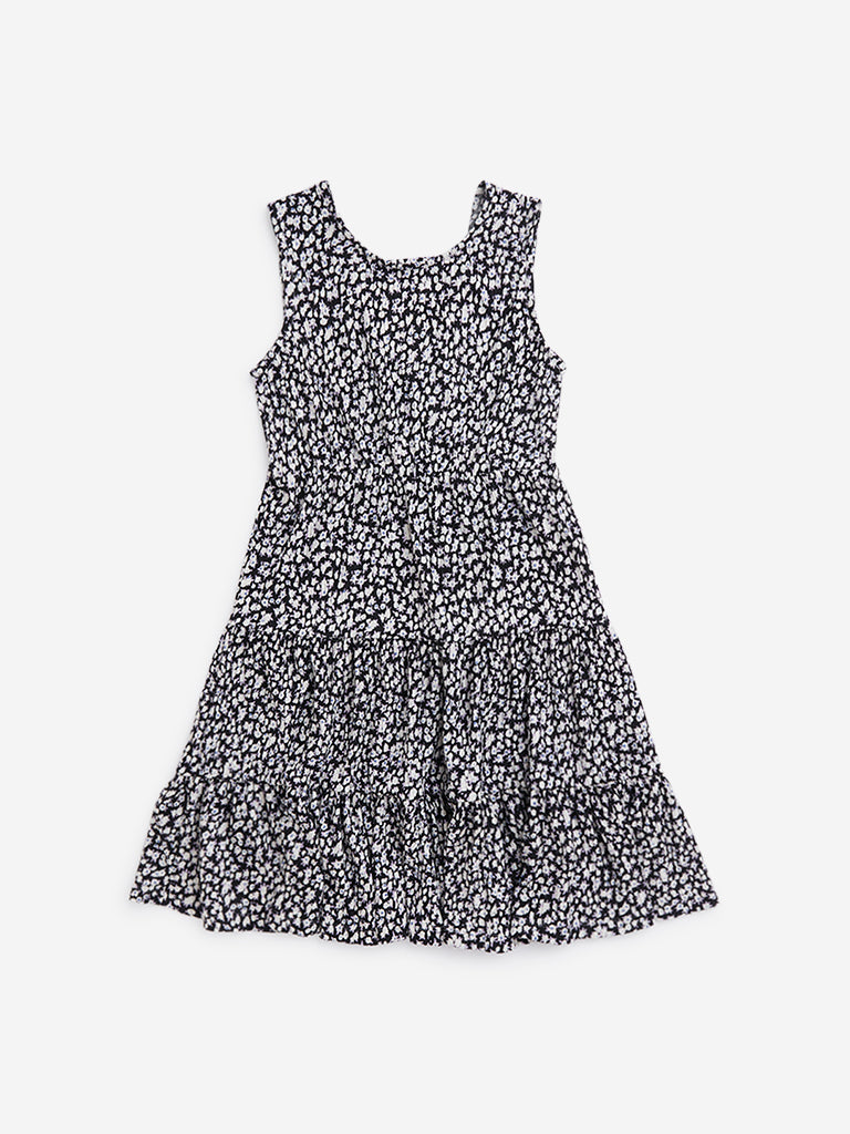 Y&F Kids Black Floral Design Tiered Dress