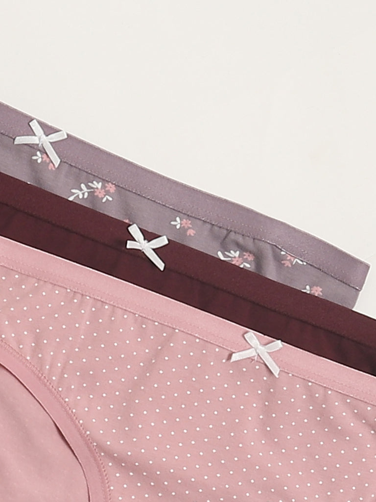 Wunderlove Pink Printed Cotton Blend Briefs - Pack of 3