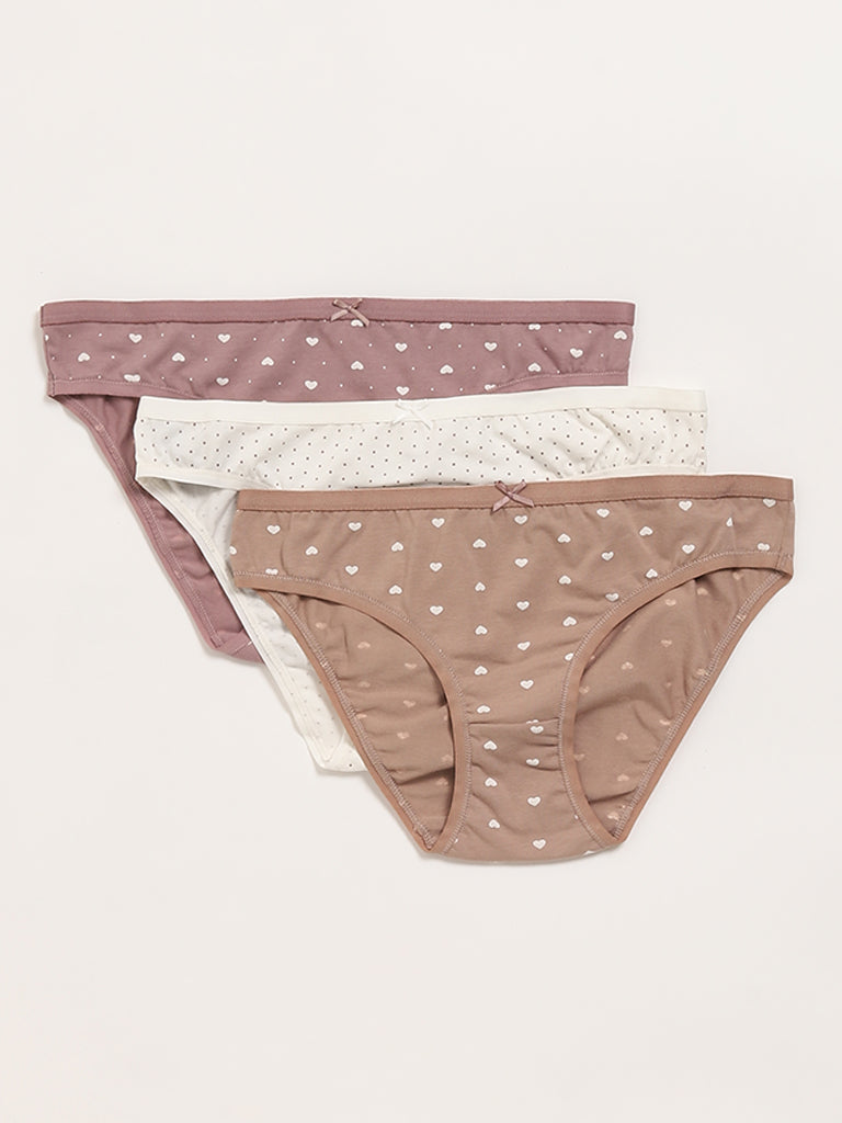 Wunderlove Multicolour Printed Cotton Blend Bikini Briefs - Pack of 3