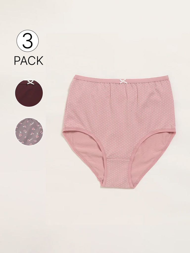 Wunderlove Pink Printed Cotton Blend Full Briefs - Pack of 3