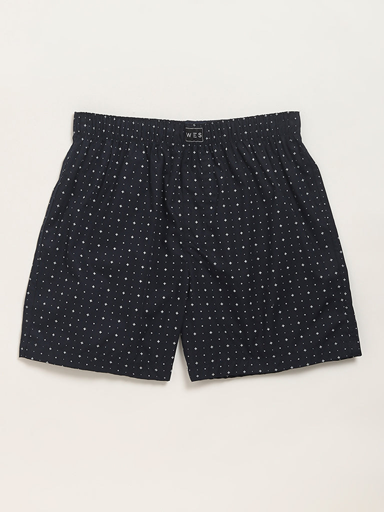 WES Lounge Printed Navy Cotton Boxers - Pack of 2