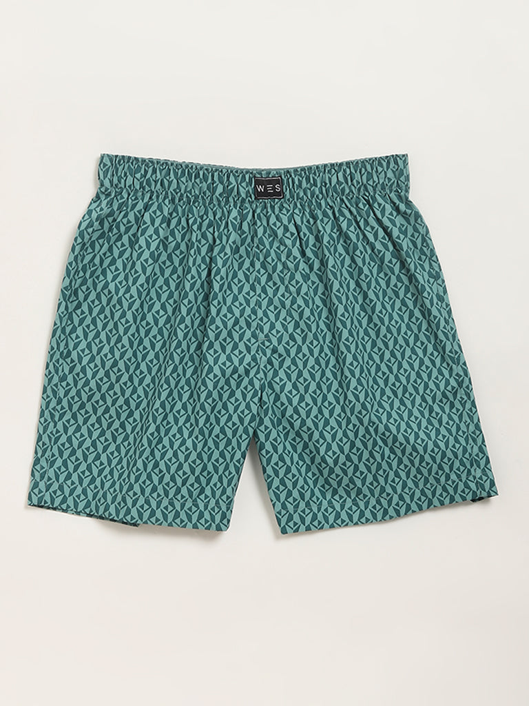 WES Lounge Printed Green Cotton Boxers - Pack of 2