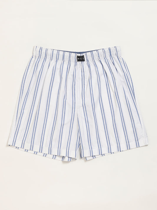 WES Lounge Blue Striped Cotton Boxers - Pack of 2