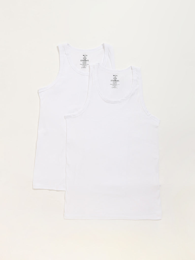 WES Lounge Plain White Cotton Vests - Pack of 2