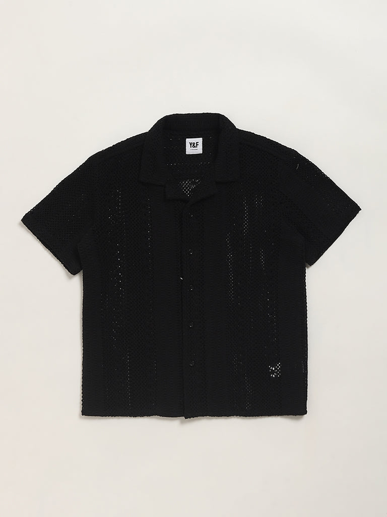 Westside Y&F Boy's Black Mesh Shirt for Casual Wear Front View