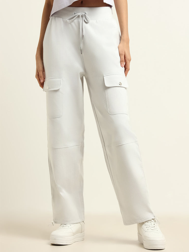 Studiofit White Cotton Cargo Track Pants