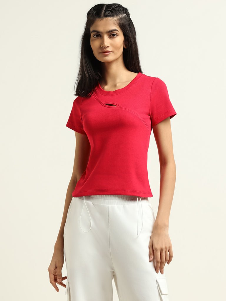 Studiofit Red Front Cotton Blend Cut-Out T-Shirt